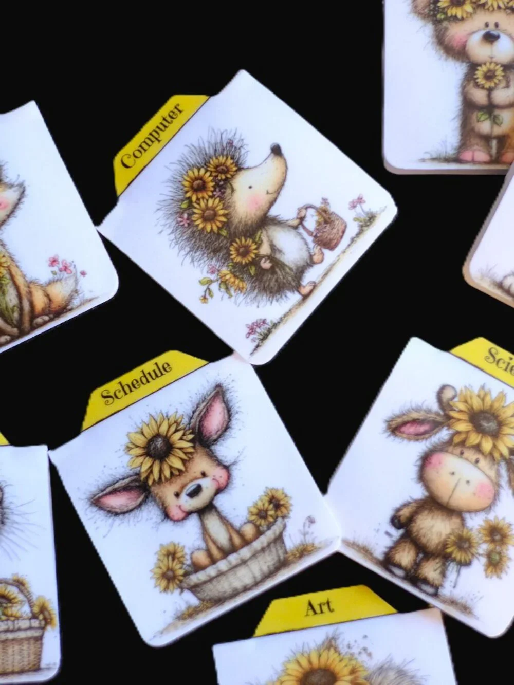Handmade School Subject Magnetic Tabs, dividers, whimsical animals sunflowers